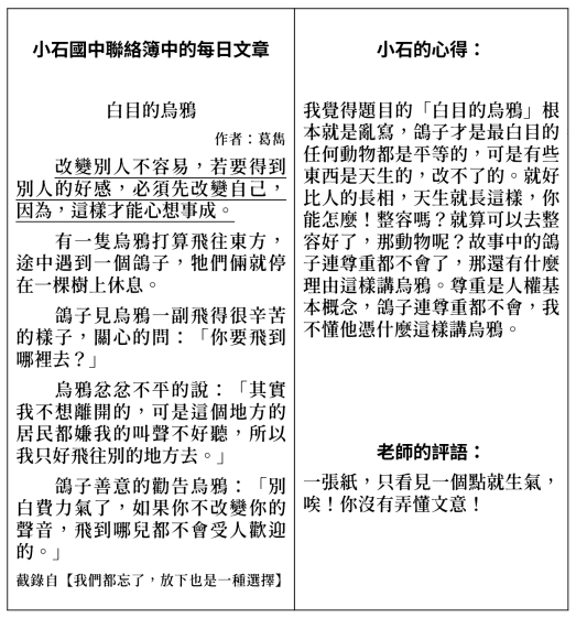 小時國中聯絡簿的每日文章還有小石的心得跟老師的評語